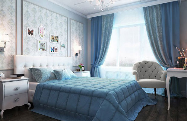 Студени и сини цветове в спалнята